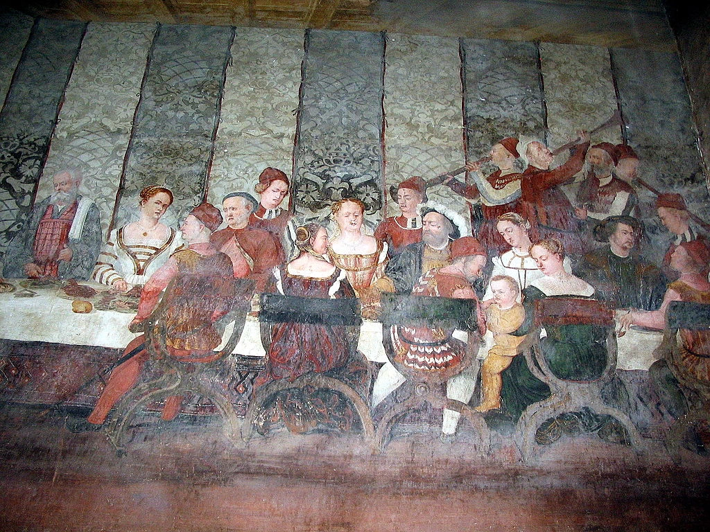 Il Romanino-403-Malpaga, castello - Banchetto di Bartolomeo Colleoni in onore di Cristiano I di Danimarca (1467) 1